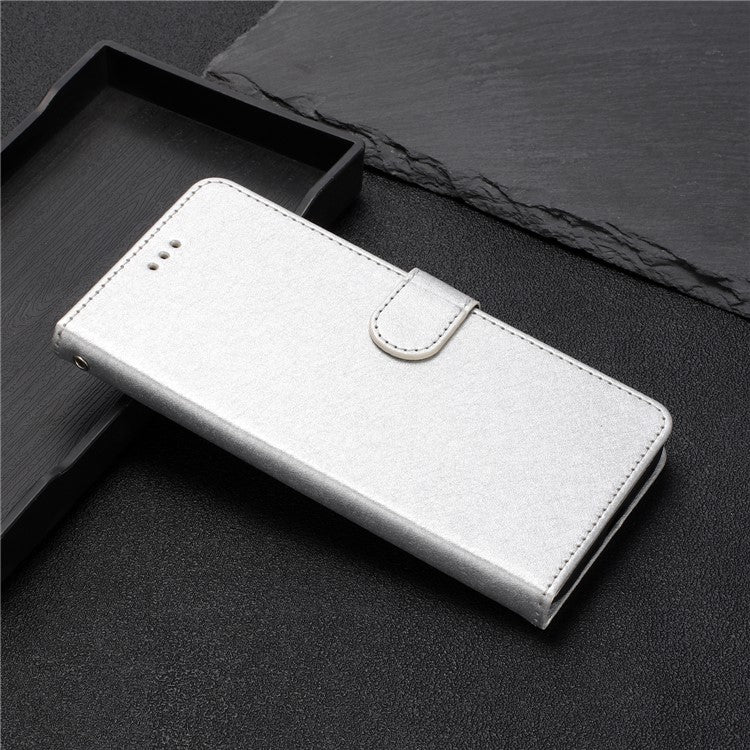 For iPhone 16 Pro Case Silk Texture Leather Wallet Phone Cover Magnetic Clasp Protective - Silver