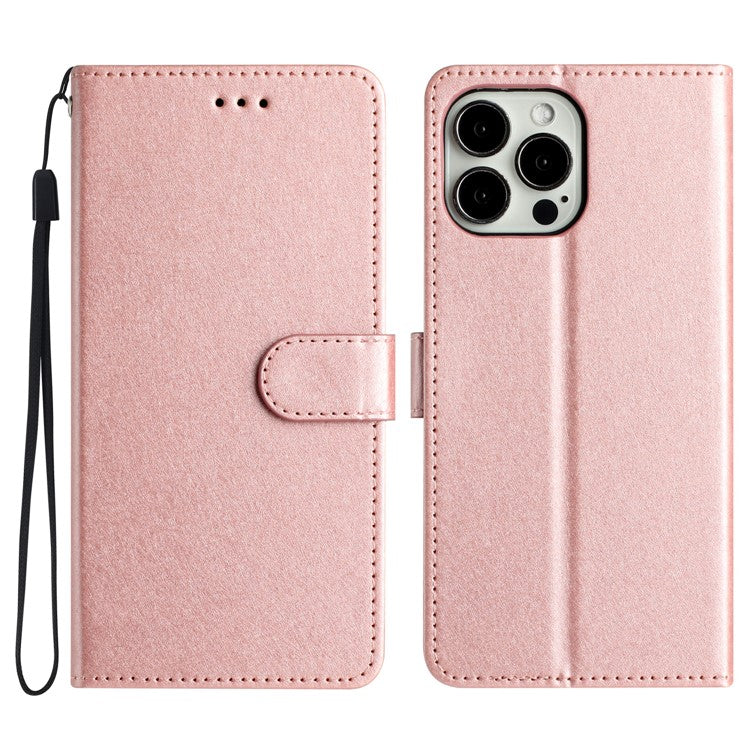 For iPhone 16 Pro Case Silk Texture Leather Wallet Phone Cover Magnetic Clasp Protective - Rose Gold