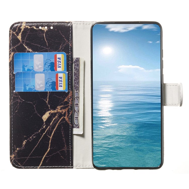 For iPhone 16 Pro Case Pattern Leather Phone Cover with Card Slots Holder - Black Gold Marble