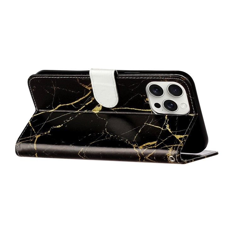 For iPhone 16 Pro Case Pattern Leather Phone Cover with Card Slots Holder - Black Gold Marble