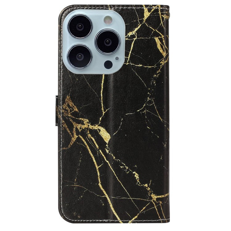 For iPhone 16 Pro Case Pattern Leather Phone Cover with Card Slots Holder - Black Gold Marble