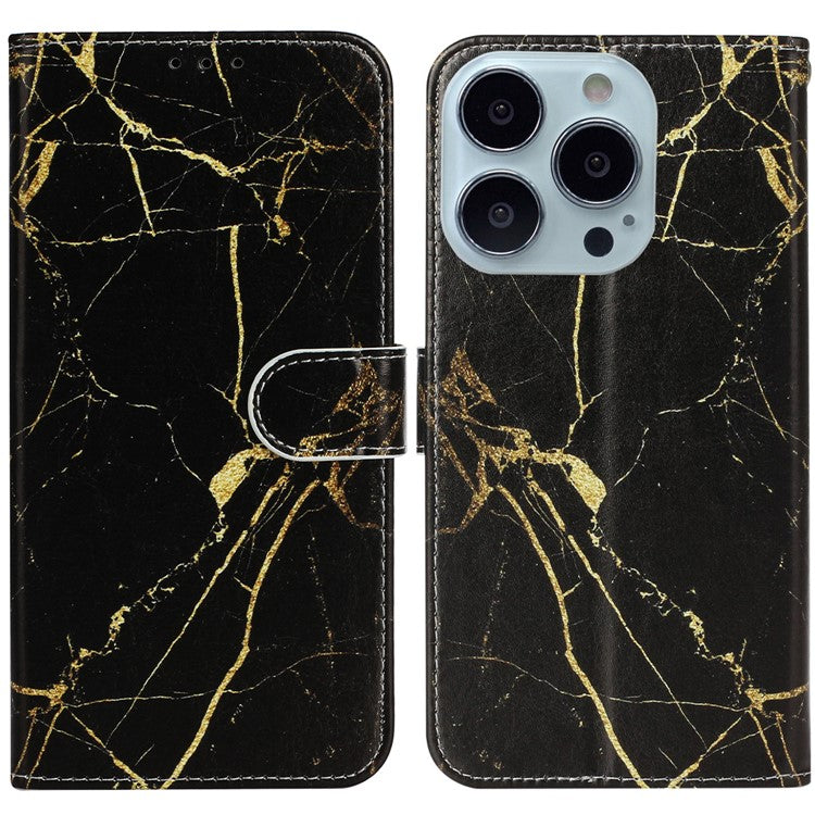 For iPhone 16 Case Pattern Stand Leather Phone Cover Card Slots Design - Black Gold Marble