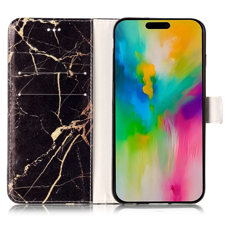 For iPhone 16 Case Pattern Stand Leather Phone Cover Card Slots Design - Black Gold Marble