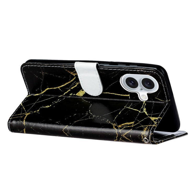 For iPhone 16 Case Pattern Stand Leather Phone Cover Card Slots Design - Black Gold Marble