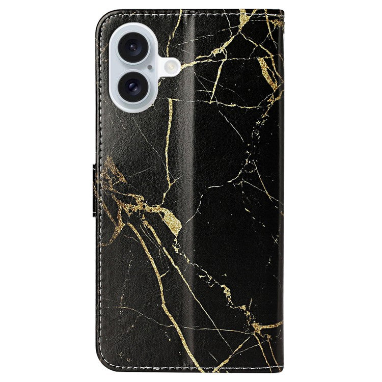 For iPhone 16 Case Pattern Stand Leather Phone Cover Card Slots Design - Black Gold Marble