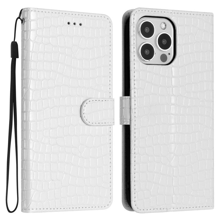 For iPhone 16 Pro Case Wrist Strap Flip PU Leather Phone Cover Crocodile Texture - White