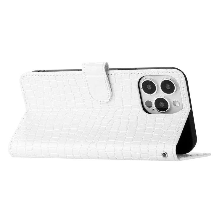 For iPhone 16 Pro Case Wrist Strap Flip PU Leather Phone Cover Crocodile Texture - White