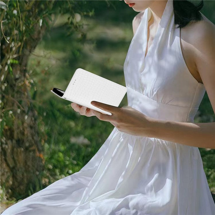 For iPhone 16 Pro Case Wrist Strap Flip PU Leather Phone Cover Crocodile Texture - White