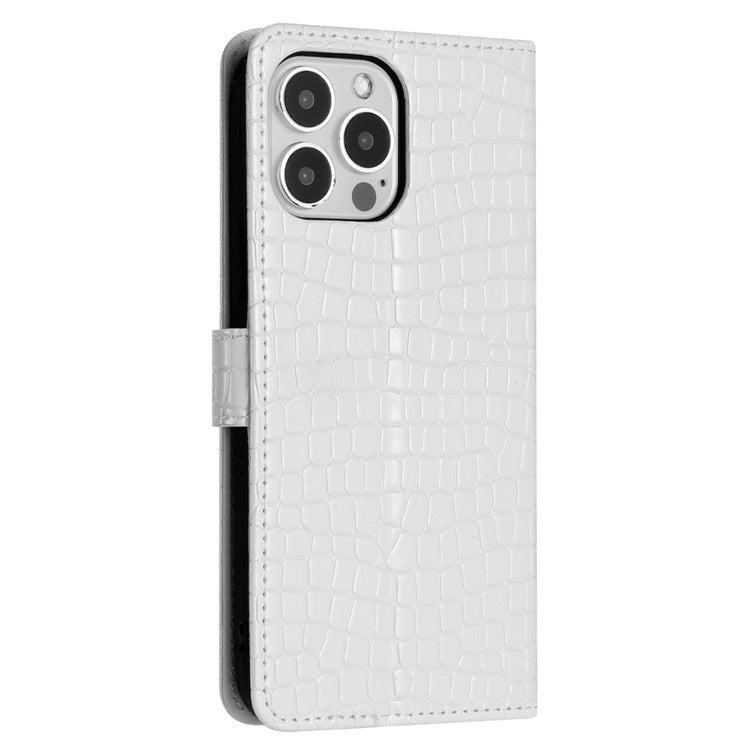 For iPhone 16 Pro Case Wrist Strap Flip PU Leather Phone Cover Crocodile Texture - White