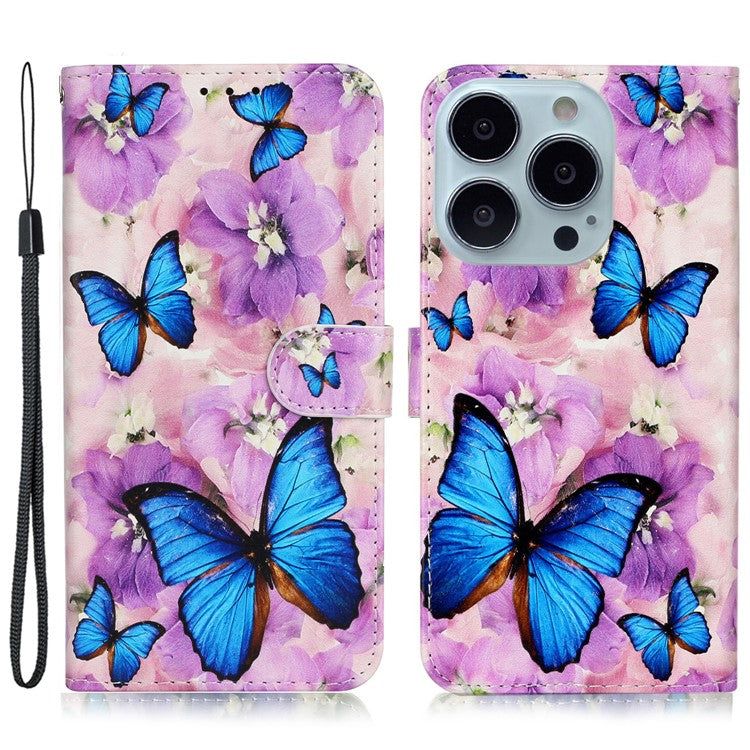 For iPhone 16 Pro Case Stand Wallet Leather Phone Cover Magnetic Clasp Pattern Printed - Purple Flower Butterfly