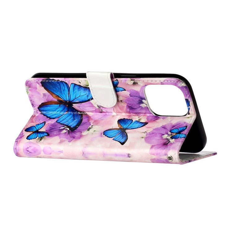 For iPhone 16 Pro Case Stand Wallet Leather Phone Cover Magnetic Clasp Pattern Printed - Purple Flower Butterfly
