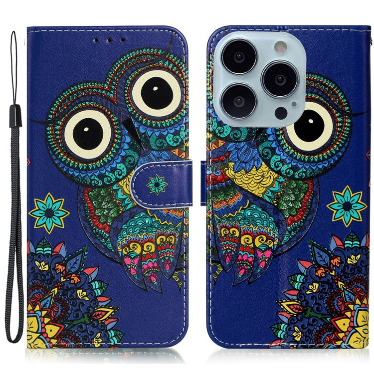 For iPhone 16 Pro Case Stand Wallet Leather Phone Cover Magnetic Clasp Pattern Printed - Blue Owl