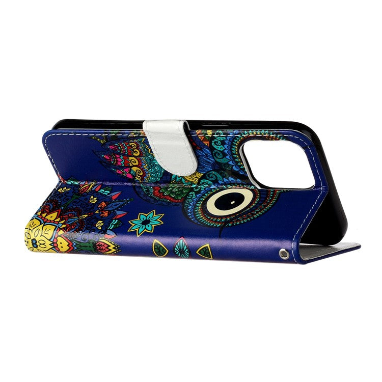 For iPhone 16 Pro Case Stand Wallet Leather Phone Cover Magnetic Clasp Pattern Printed - Blue Owl