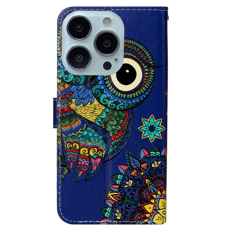 For iPhone 16 Pro Case Stand Wallet Leather Phone Cover Magnetic Clasp Pattern Printed - Blue Owl
