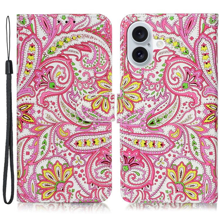 For iPhone 16 Plus Case Pattern Design Flip Leather Phone Cover with Strap - Flower