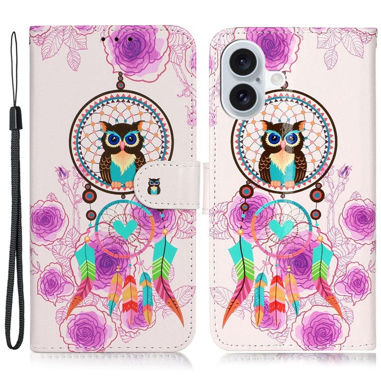 For iPhone 16 Case Leather Card Slot Holder Flip Phone Cover Pattern Printing - Wind Chime Owl