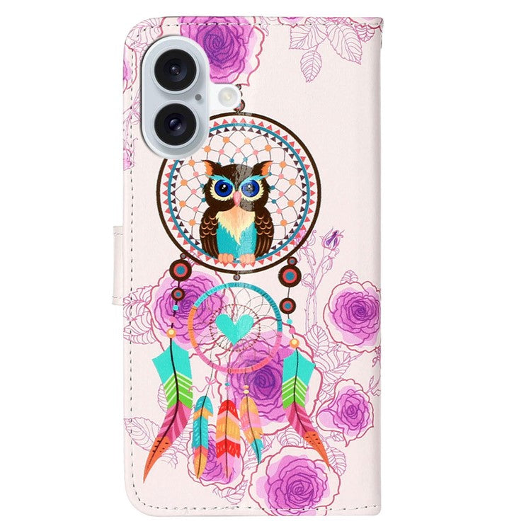 For iPhone 16 Case Leather Card Slot Holder Flip Phone Cover Pattern Printing - Wind Chime Owl