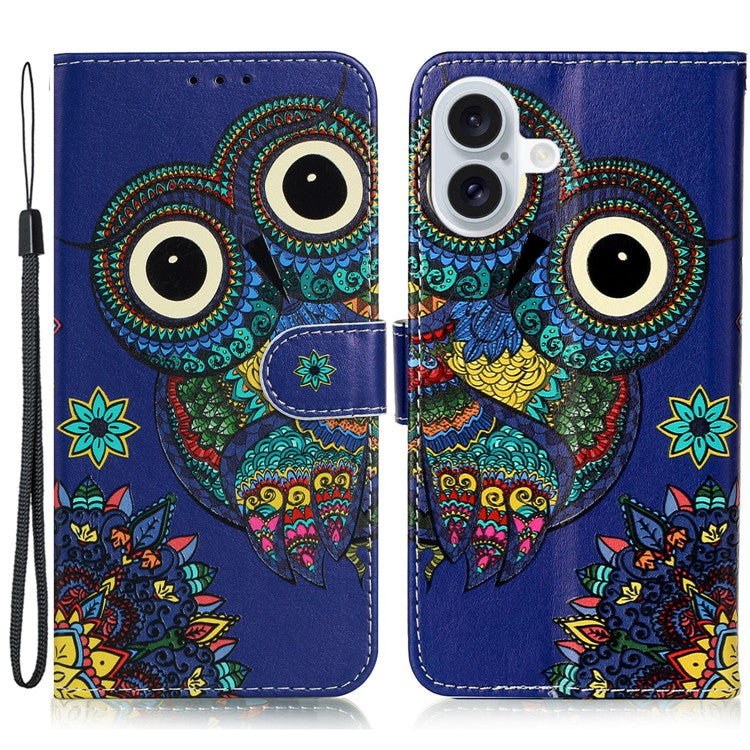 For iPhone 16 Case Leather Card Slot Holder Flip Phone Cover Pattern Printing - Blue Owl