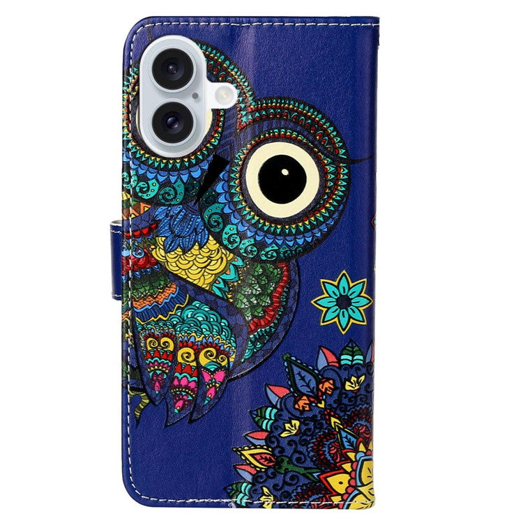 For iPhone 16 Case Leather Card Slot Holder Flip Phone Cover Pattern Printing - Blue Owl