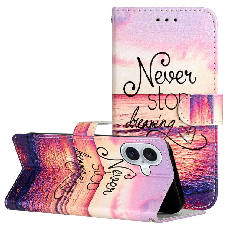 For iPhone 16 Plus Leather Case Pattern Printed Wallet Flip Phone Cover - Never Stop Dreaming