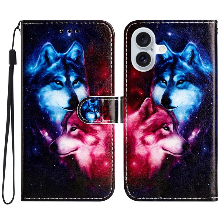 For iPhone 16 Wallet Case Pattern Print Design Flip Leather Phone Cover - Couple Wolf