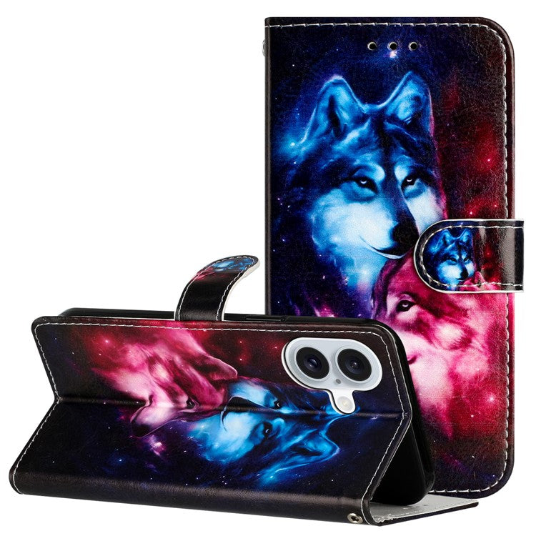 For iPhone 16 Wallet Case Pattern Print Design Flip Leather Phone Cover - Couple Wolf