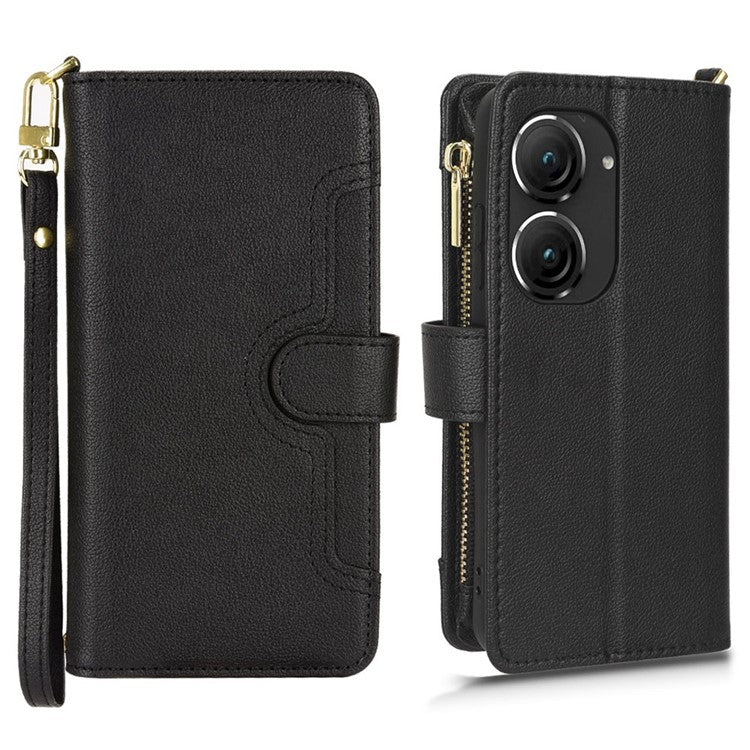 PU Leather Wallet Case for Asus Zenfone 10 5G / 9 5G Anti-scratch Zipper Design Stand Cell Phone Cover with Hand Strap and Shoulder Strap - Black