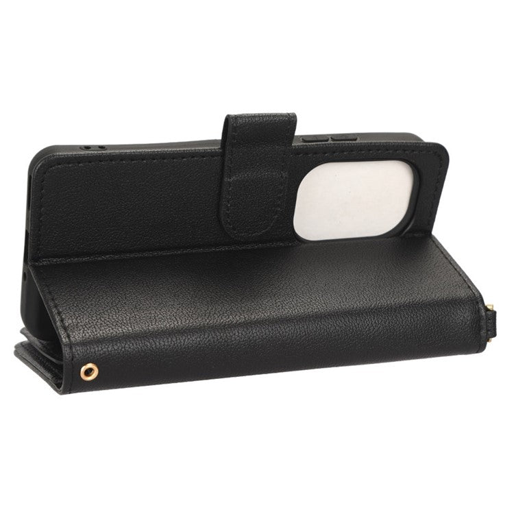 PU Leather Wallet Case for Asus Zenfone 10 5G / 9 5G Anti-scratch Zipper Design Stand Cell Phone Cover with Hand Strap and Shoulder Strap - Black