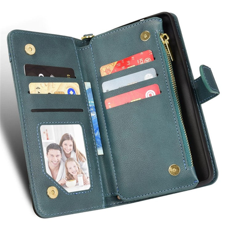 PU Leather Wallet Case for Asus Zenfone 10 5G / 9 5G Anti-scratch Zipper Design Stand Cell Phone Cover with Hand Strap and Shoulder Strap - Green