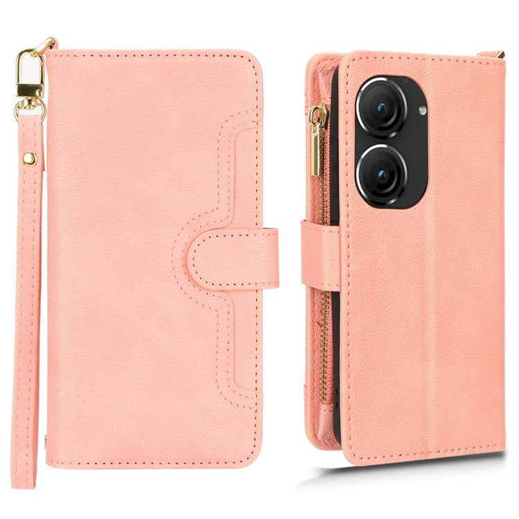 PU Leather Wallet Case for Asus Zenfone 10 5G / 9 5G Anti-scratch Zipper Design Stand Cell Phone Cover with Hand Strap and Shoulder Strap - Pink