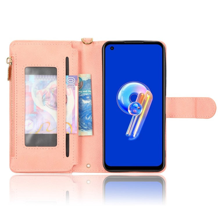 PU Leather Wallet Case for Asus Zenfone 10 5G / 9 5G Anti-scratch Zipper Design Stand Cell Phone Cover with Hand Strap and Shoulder Strap - Pink