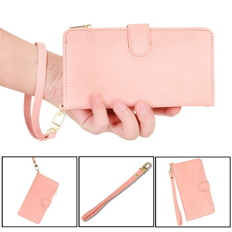 PU Leather Wallet Case for Asus Zenfone 10 5G / 9 5G Anti-scratch Zipper Design Stand Cell Phone Cover with Hand Strap and Shoulder Strap - Pink
