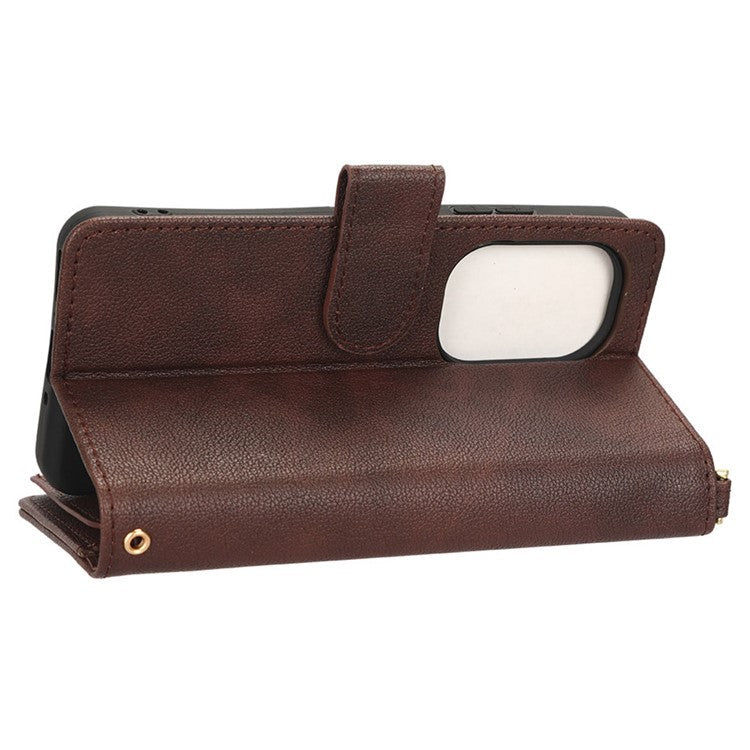 PU Leather Wallet Case for Asus Zenfone 10 5G / 9 5G Anti-scratch Zipper Design Stand Cell Phone Cover with Hand Strap and Shoulder Strap - Brown