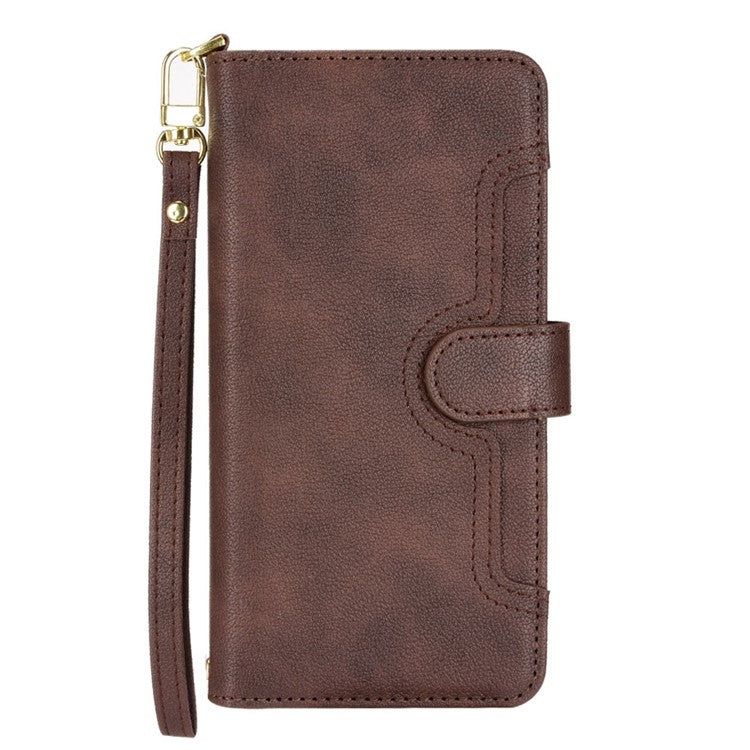 PU Leather Wallet Case for Asus Zenfone 10 5G / 9 5G Anti-scratch Zipper Design Stand Cell Phone Cover with Hand Strap and Shoulder Strap - Brown