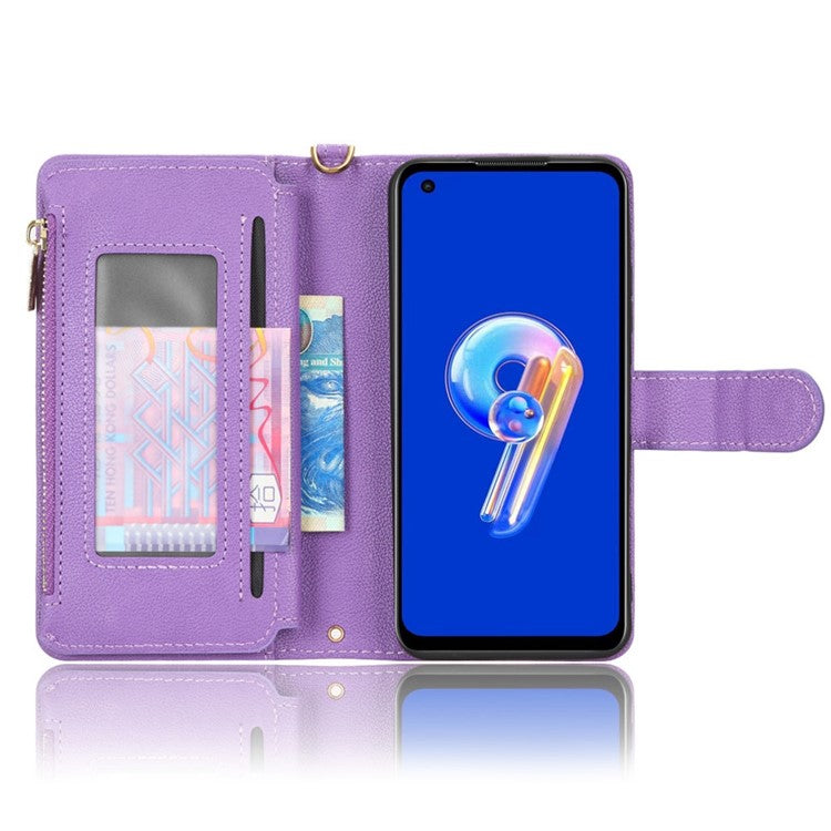 PU Leather Wallet Case for Asus Zenfone 10 5G / 9 5G Anti-scratch Zipper Design Stand Cell Phone Cover with Hand Strap and Shoulder Strap - Purple