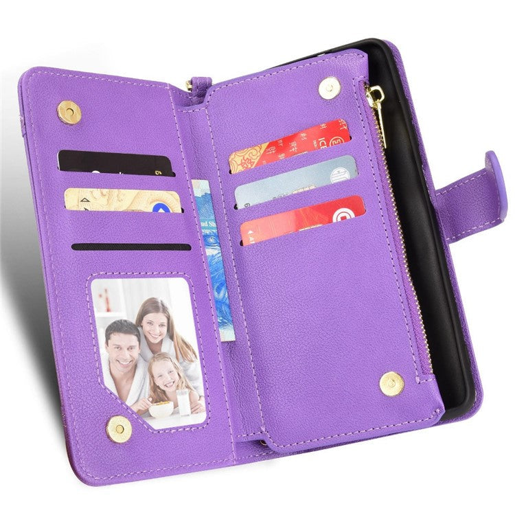 PU Leather Wallet Case for Asus Zenfone 10 5G / 9 5G Anti-scratch Zipper Design Stand Cell Phone Cover with Hand Strap and Shoulder Strap - Purple