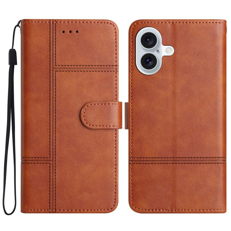 For iPhone 16 Case PU Leather Phone Cover Card Slots Wrist Strap Line Pattern - Brown