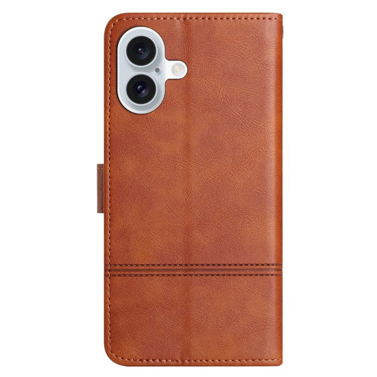 For iPhone 16 Case PU Leather Phone Cover Card Slots Wrist Strap Line Pattern - Brown