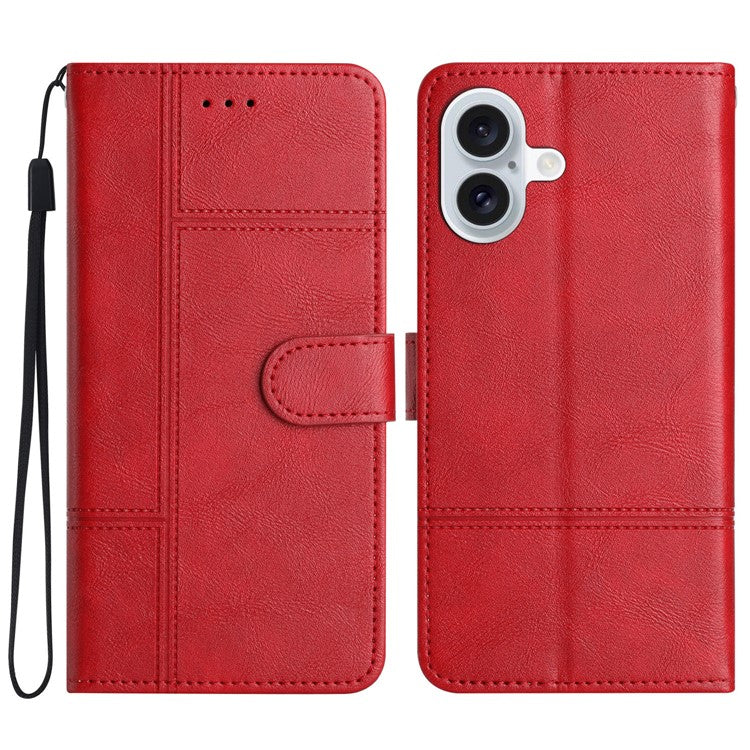 For iPhone 16 Case PU Leather Phone Cover Card Slots Wrist Strap Line Pattern - Red