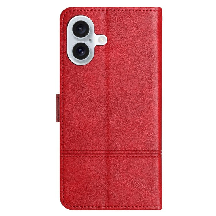 For iPhone 16 Case PU Leather Phone Cover Card Slots Wrist Strap Line Pattern - Red