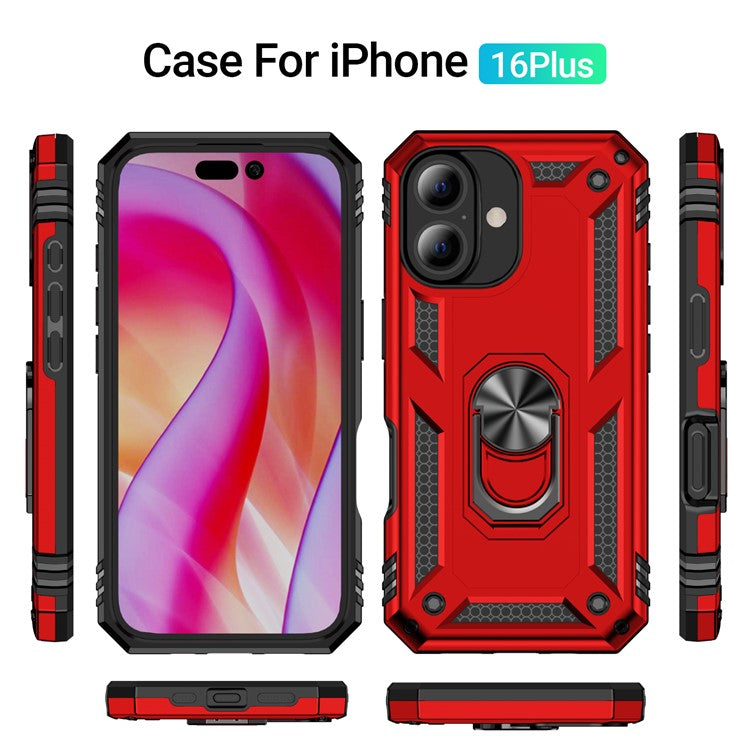 For iPhone 16 Plus Case PC+TPU Dual Layer Protection Kickstand Phone Cover - Red