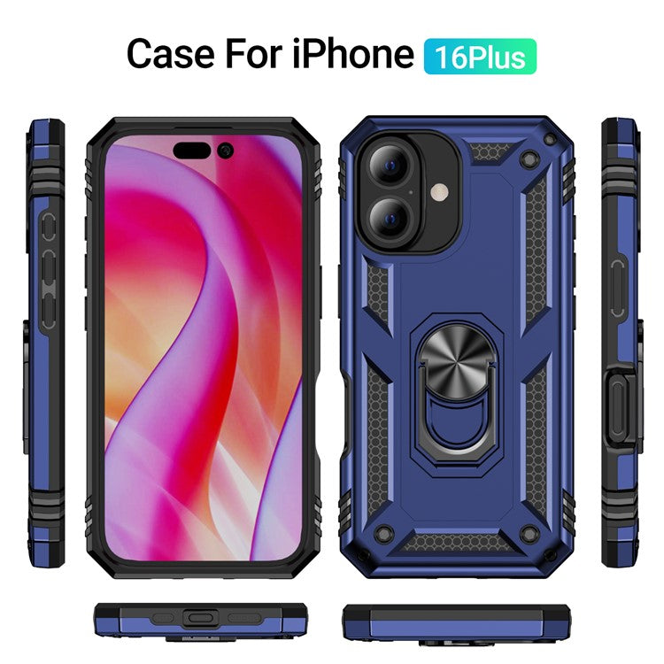 For iPhone 16 Plus Case PC+TPU Dual Layer Protection Kickstand Phone Cover - Blue