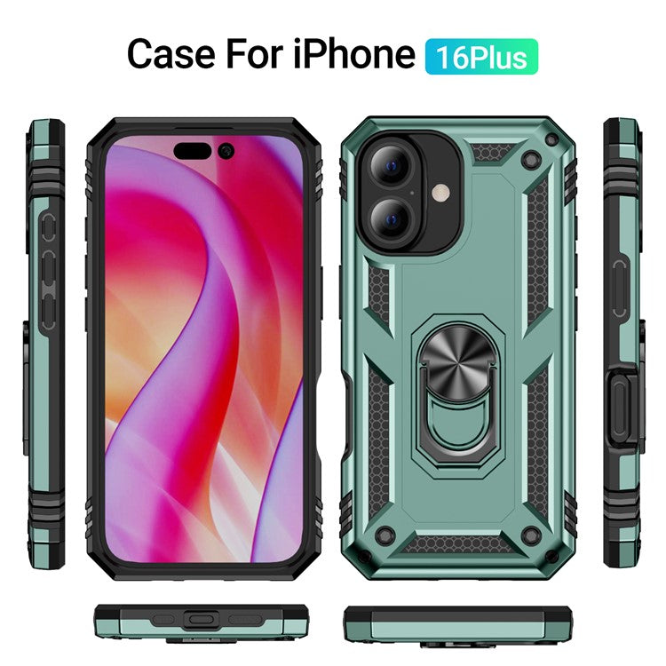 For iPhone 16 Plus Case PC+TPU Dual Layer Protection Kickstand Phone Cover - Blackish Green