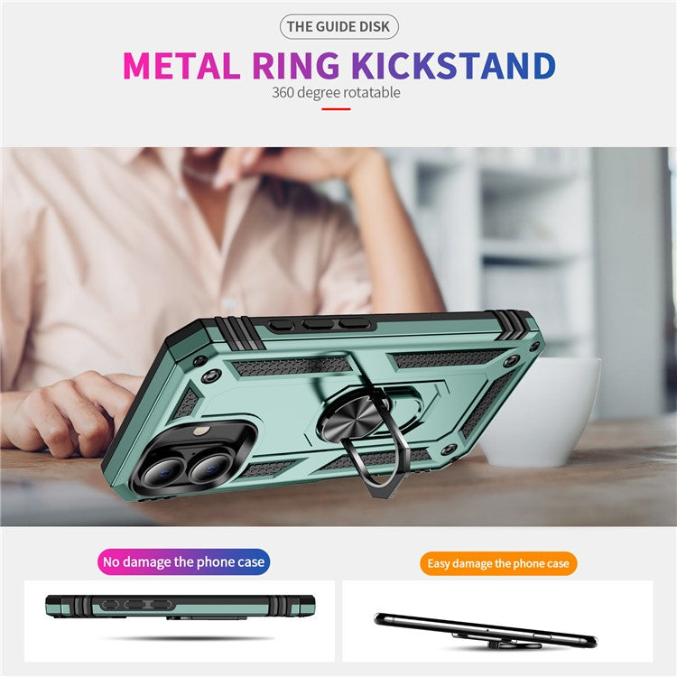 For iPhone 16 Case PC+TPU Phone Cover with Rotary Ring Kickstand - Blackish Green