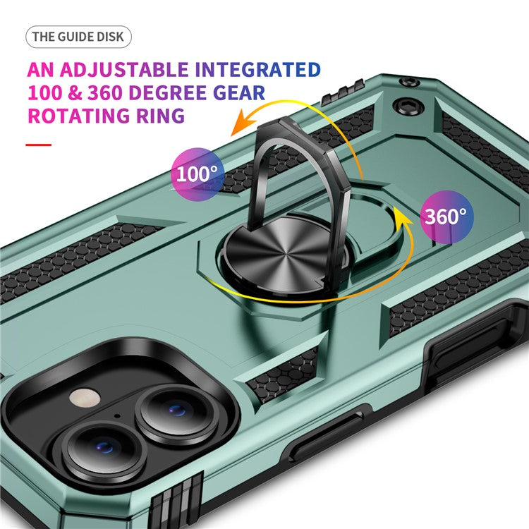 For iPhone 16 Case PC+TPU Phone Cover with Rotary Ring Kickstand - Blackish Green