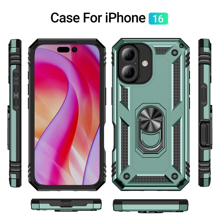 For iPhone 16 Case PC+TPU Phone Cover with Rotary Ring Kickstand - Blackish Green