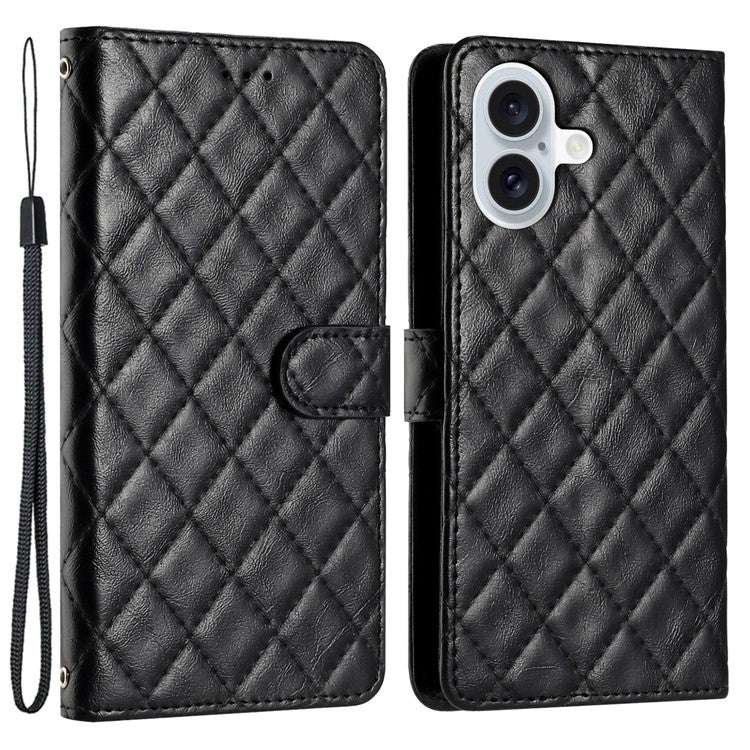 For iPhone 16 Plus Case Rhombus Pattern PU Leather Phone Cover with Card Holder - Black