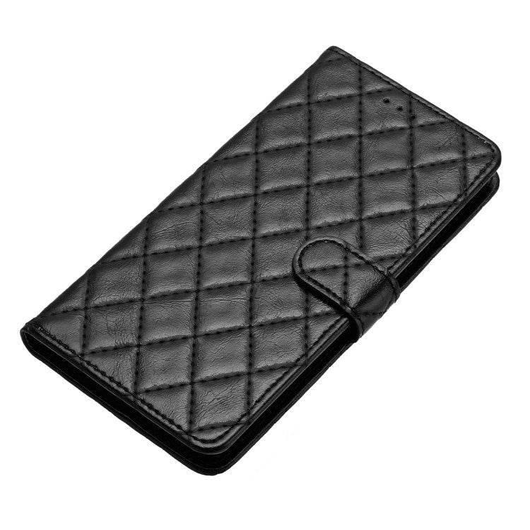 For iPhone 16 Plus Case Rhombus Pattern PU Leather Phone Cover with Card Holder - Black