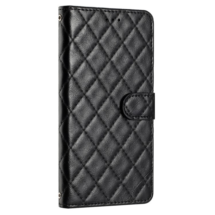 For iPhone 16 Plus Case Rhombus Pattern PU Leather Phone Cover with Card Holder - Black