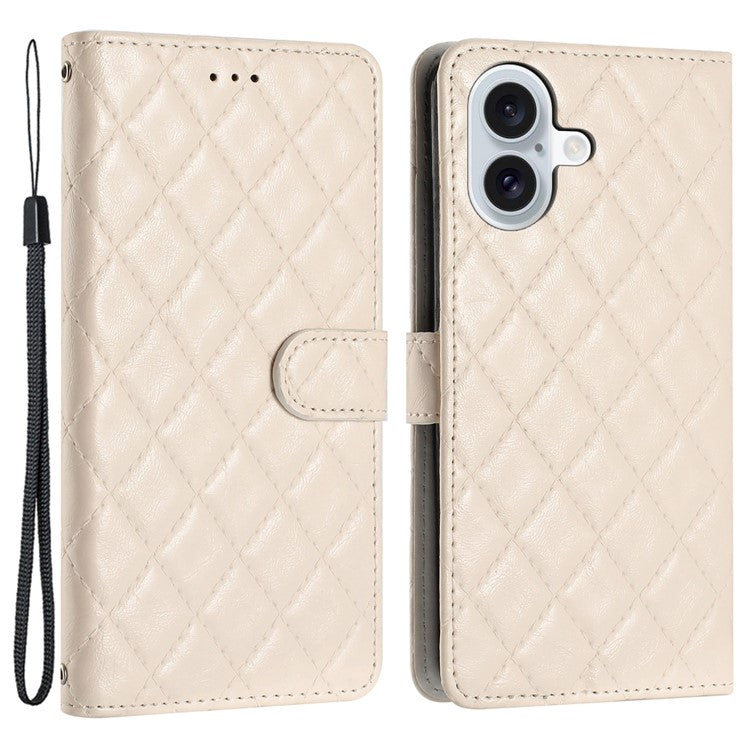 For iPhone 16 Plus Case Rhombus Pattern PU Leather Phone Cover with Card Holder - Beige